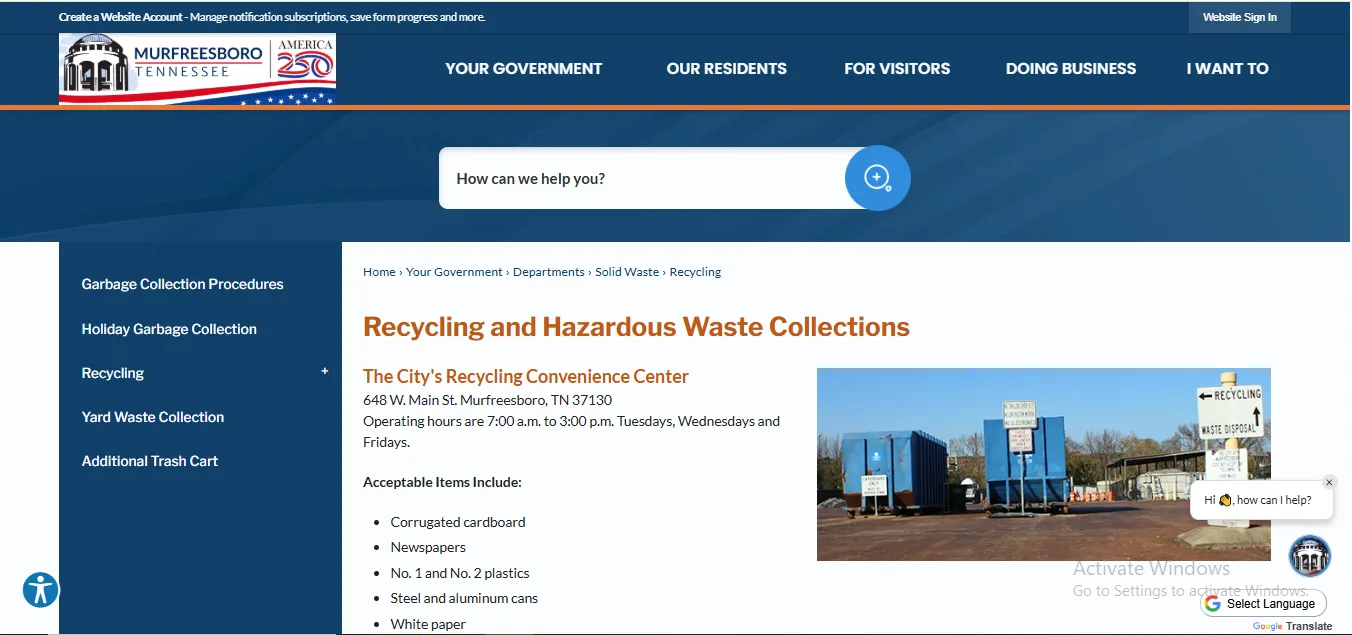 City of Murfreesboro recycling convenience center page showing drop-off hours address and accepted items