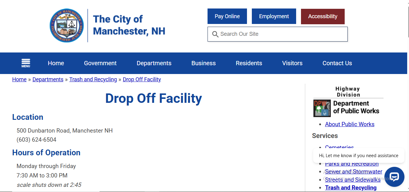 City of Manchester NH Drop Off Facility page showing address hours and scale cutoff information