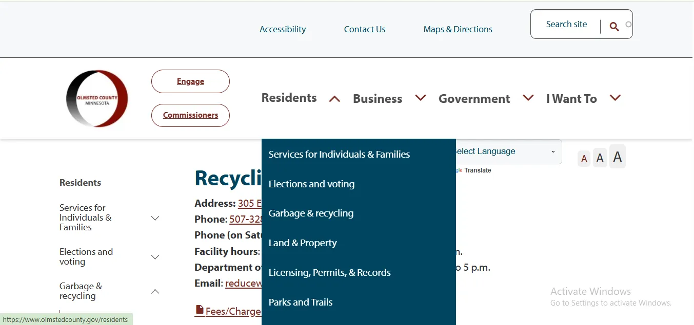 Olmsted County Recycling Center Plus page showing hours fees holiday closings and accepted items