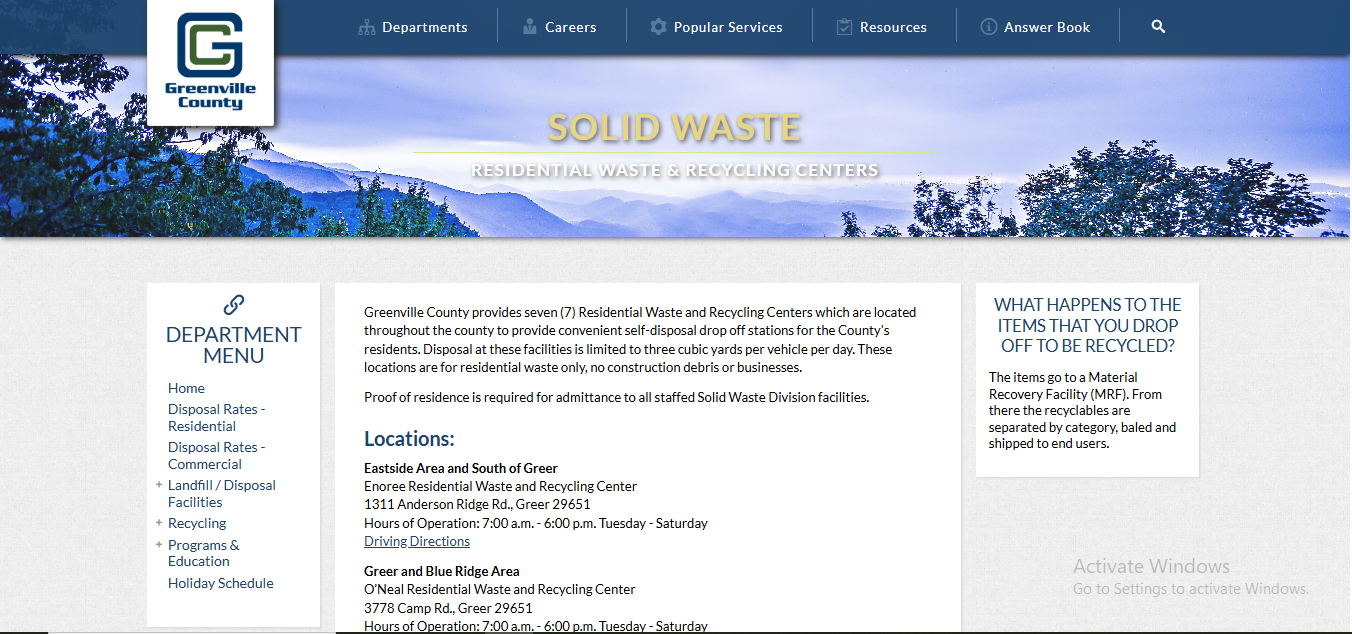 Greenville County Simpsonville Residential Waste and Recycling Center page showing address hours and drop-off information