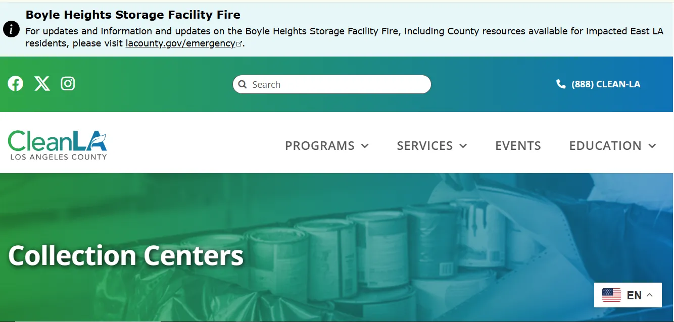 Official Los Angeles S.A.F.E. Centers page showing recycling drop-off addresses, Sunday hours and household hazardous waste information