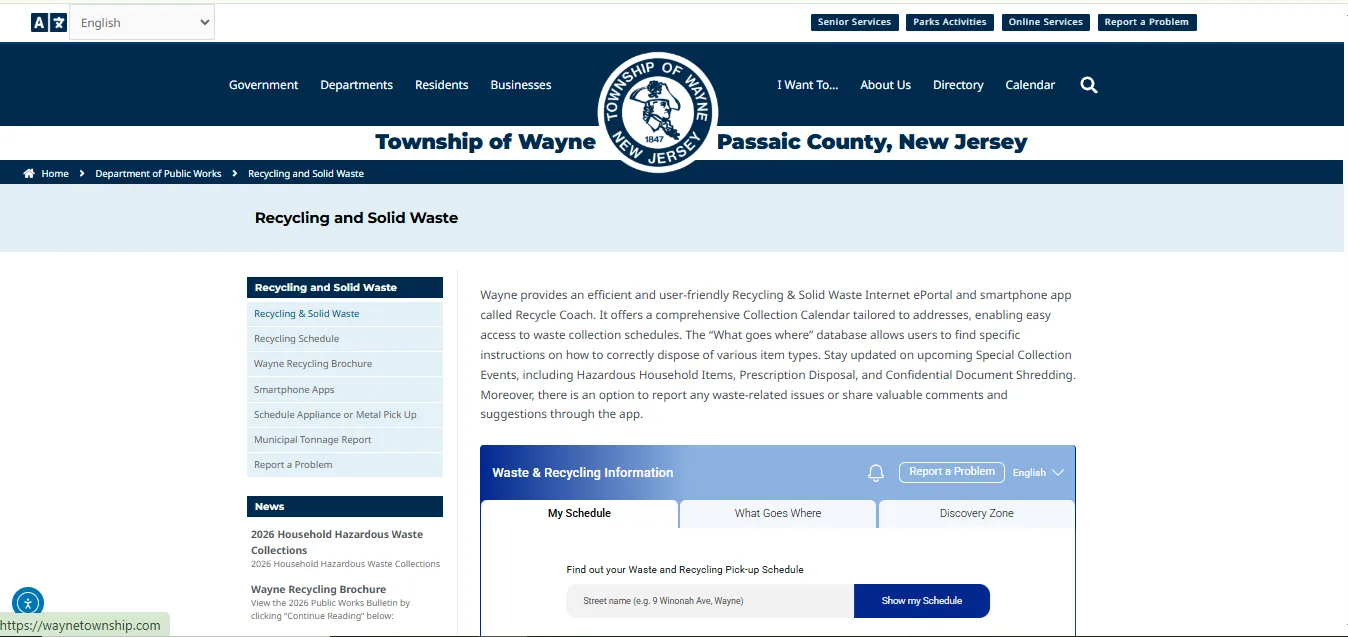 Official Wayne Township recycling brochure showing Wayne Recycling Center hours fees and 201 Dey Road drop-off information