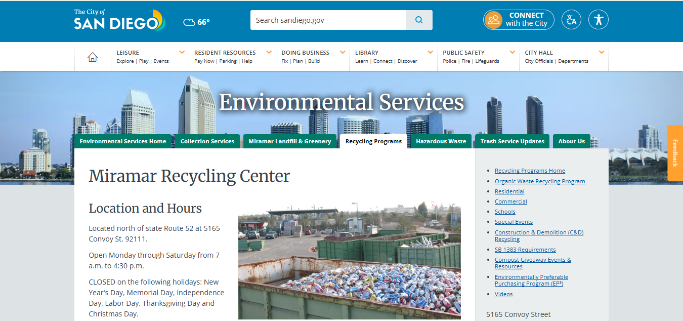 Official City of San Diego Miramar Recycling Center page showing hours address CRV refunds and Convoy Street directions