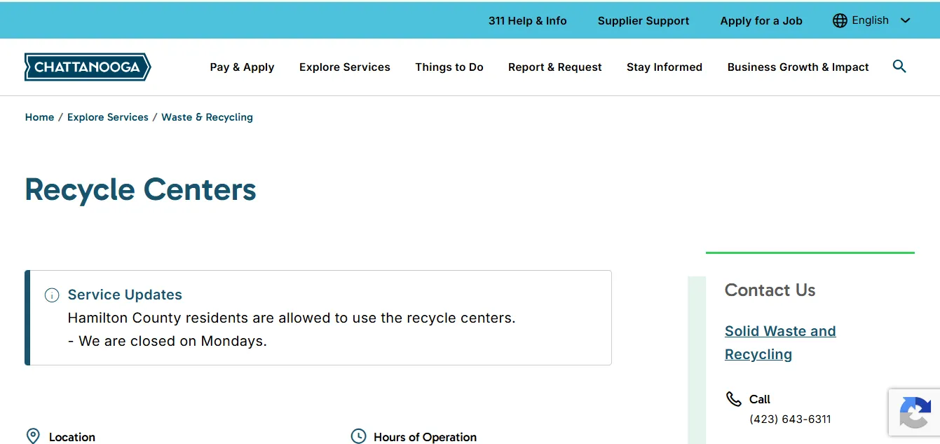 Official City of Chattanooga recycle centers page showing drop-off hours locations map links and accepted recycling items