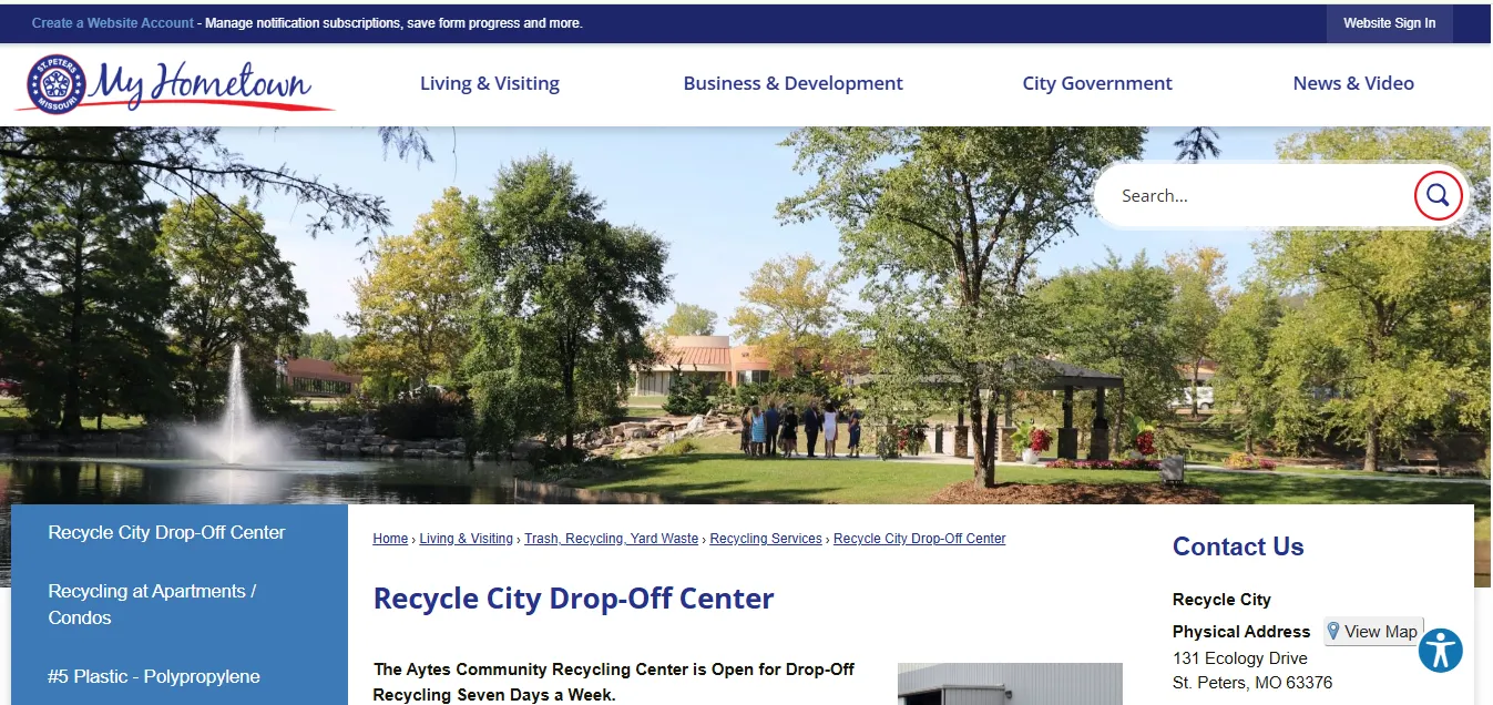 Official City of St Peters Recycle City Drop-Off Center page showing hours address map and accepted recycling items
