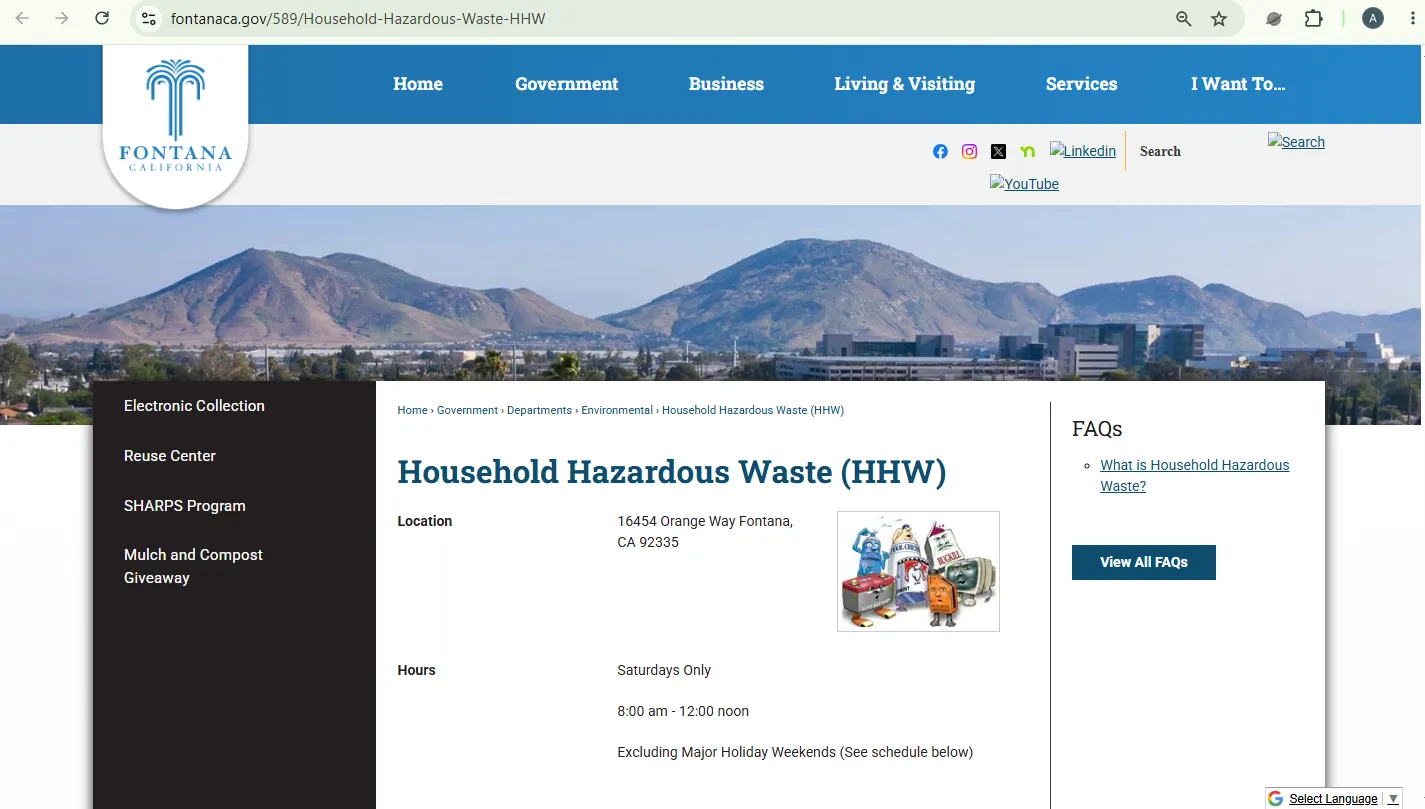 Official City of Fontana HHW page showing recycling center hours location requirements and 2026 holiday closure schedule