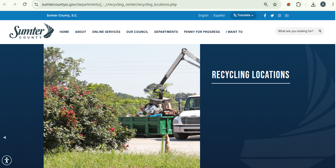Official Sumter County recycling locations page showing recycling center hours locations and accepted item guidance