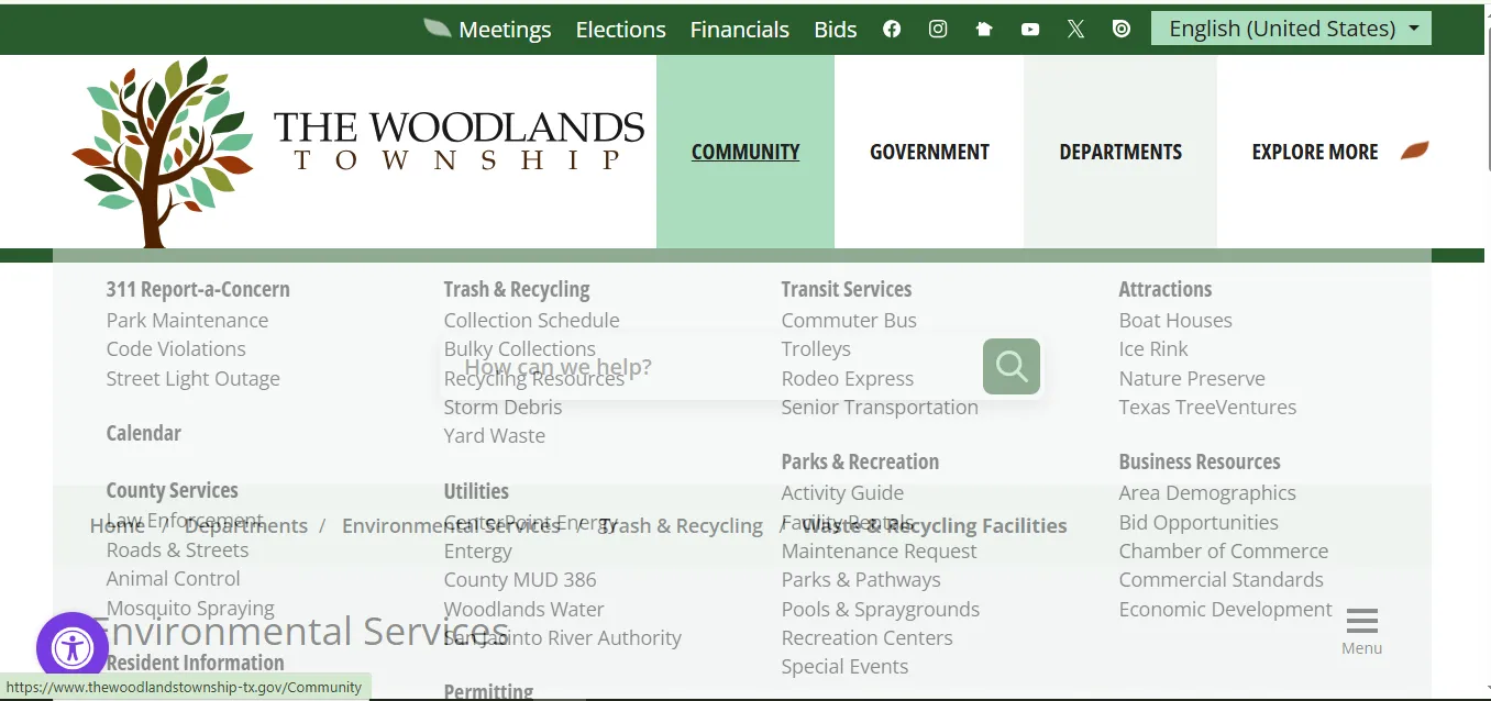 Official The Woodlands Township recycling facilities page showing Recycling Center hours address accepted items and drop-off rules