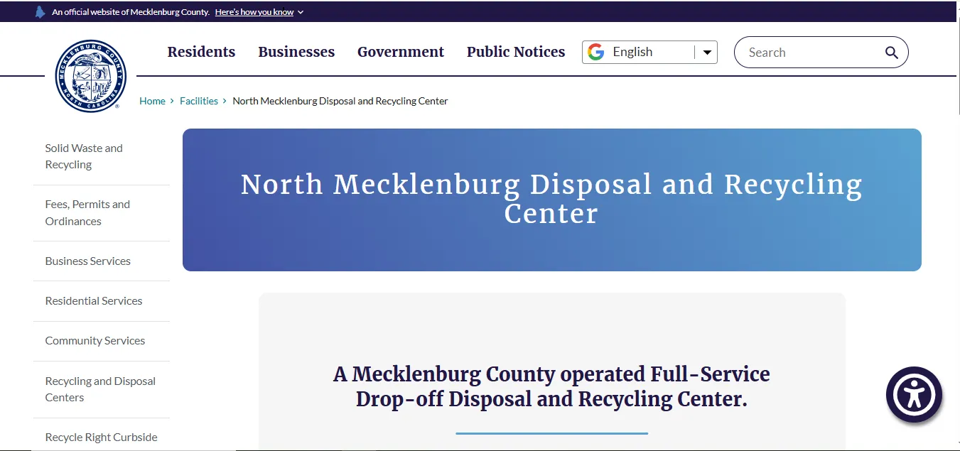 Official Mecklenburg County North Mecklenburg Disposal and Recycling Center page showing today's hours address fees and drop-off rules