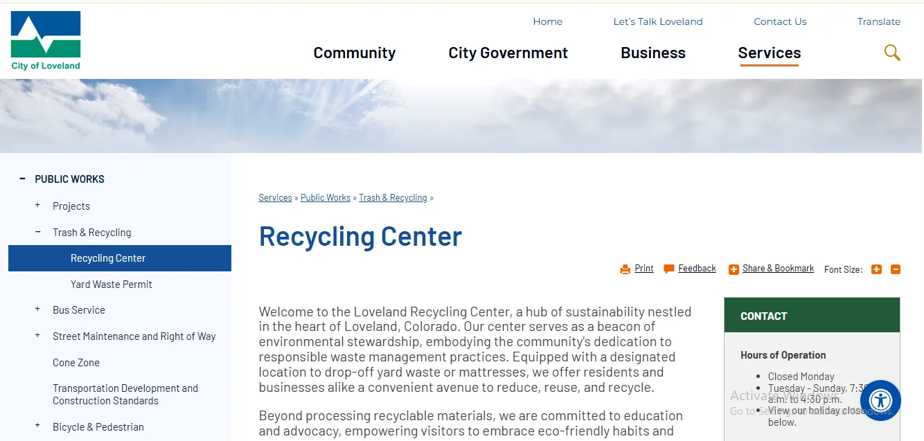 Official City of Loveland Recycling Center page showing hours holiday closures address fees and drop-off item list