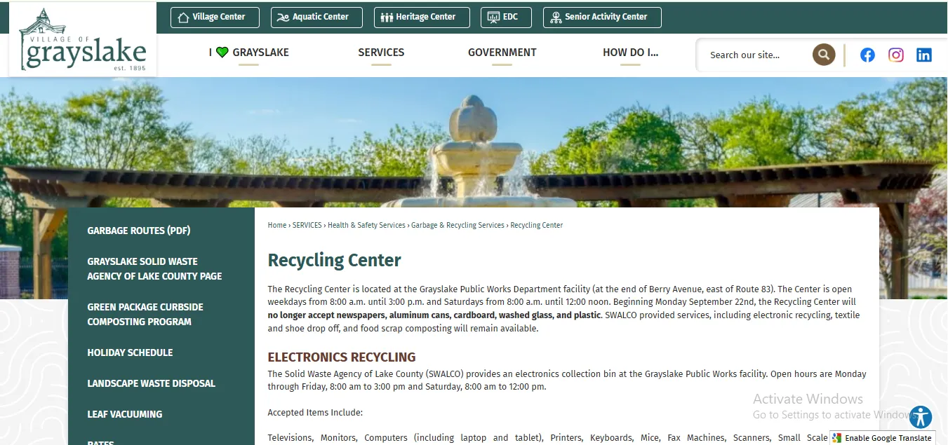 Official Village of Grayslake Recycling Center page showing hours Public Works location accepted electronics and drop-off rules