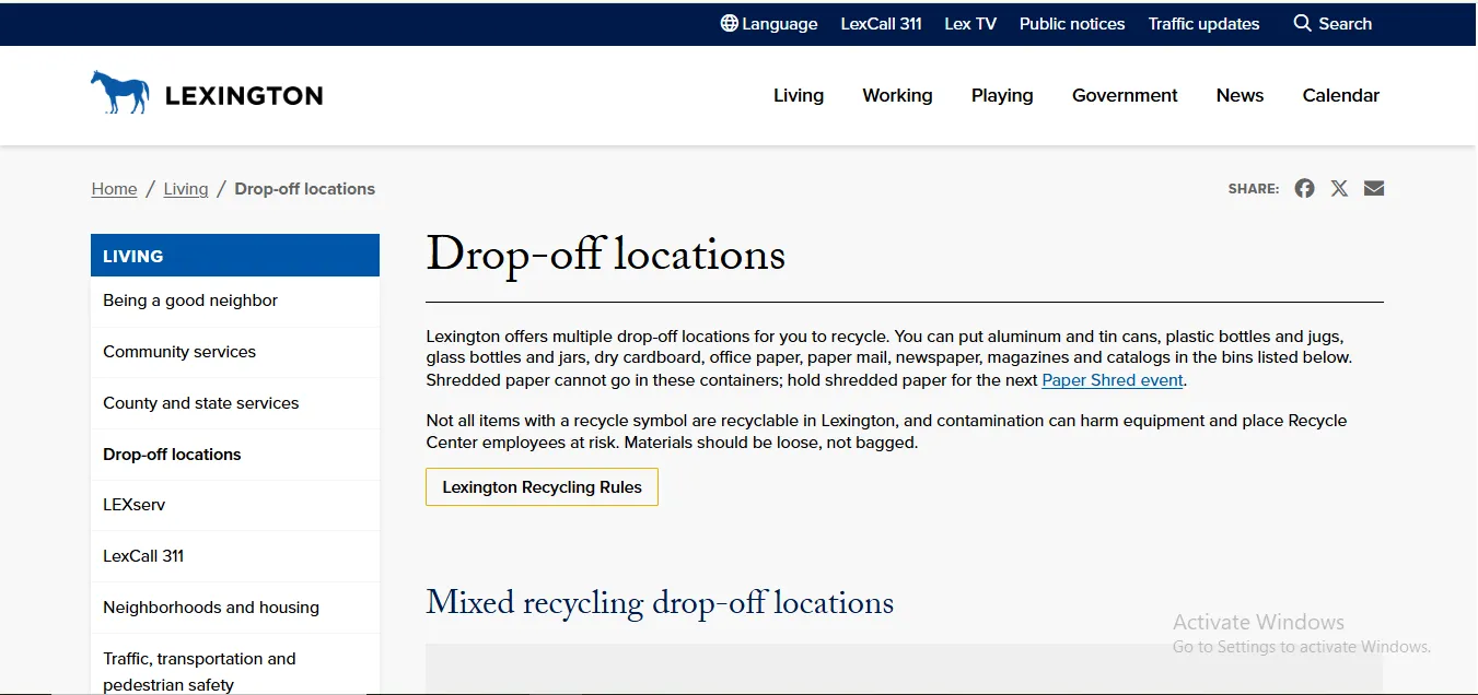 Official City of Lexington drop-off locations page showing recycling center hours map accepted items and drop-off rules