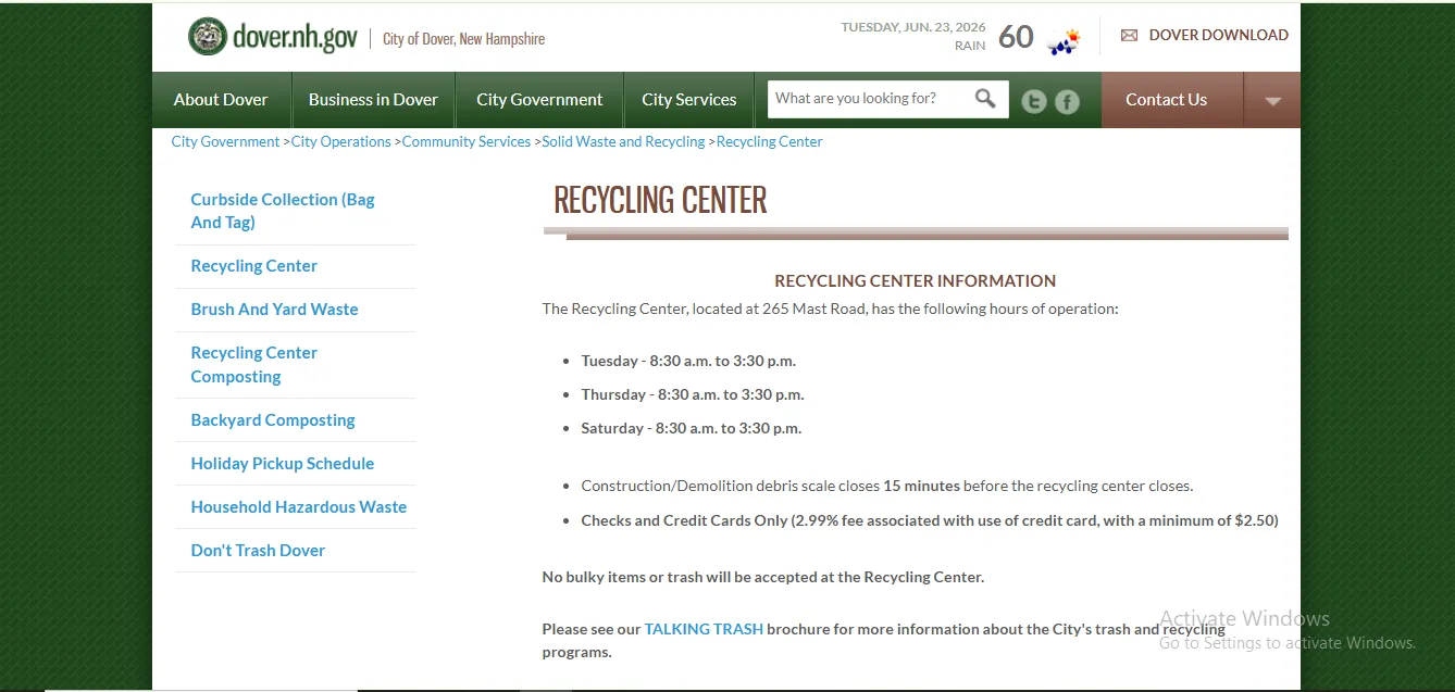 Official City of Dover NH Recycling Center page showing Mast Road address hours accepted items fees and drop-off rules