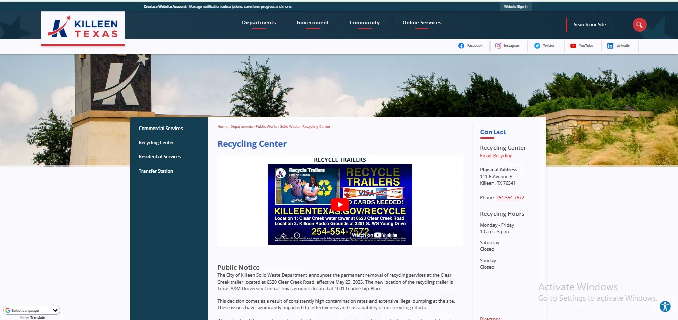 Official City of Killeen Recycling Center page showing hours address accepted items map and drop-off rules