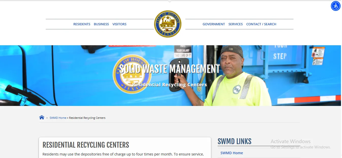 Official City of Houston Westpark Consumer Recycling Center page showing hours address accepted items holidays and drop-off rules