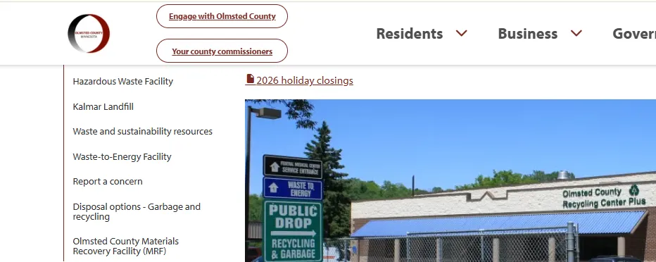 Official Olmsted County Recycling Center Plus page showing Rochester MN address hours accepted items fees and drop-off rules