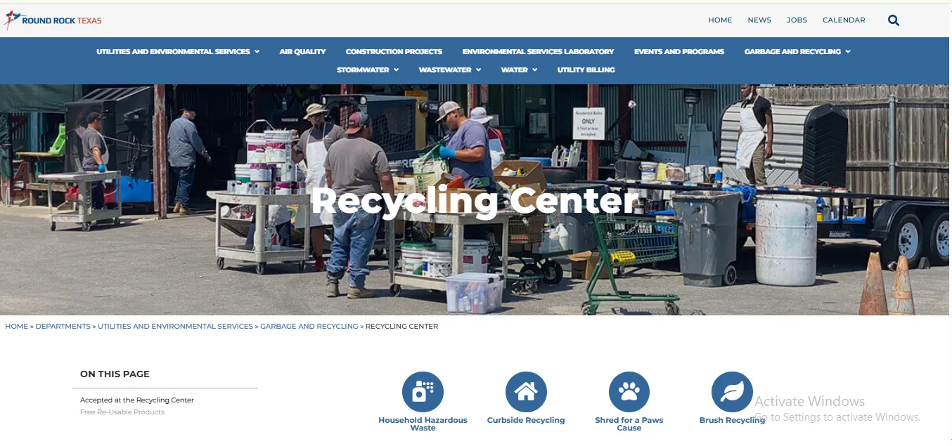 Official City of Round Rock Recycling Center page showing Deepwood Drive address holiday hours fees accepted items and drop-off rules