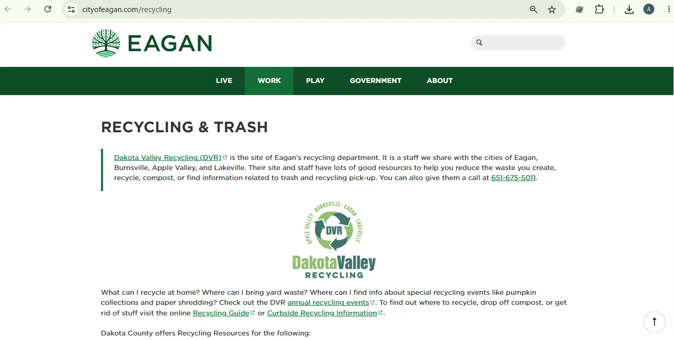 Official Dakota County Recycling Zone page showing Eagan hours address holiday closures and drop-off details