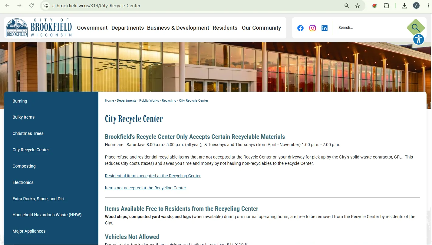 Official Brookfield Recycling Center hours and access rules for 19700 Riverview Drive