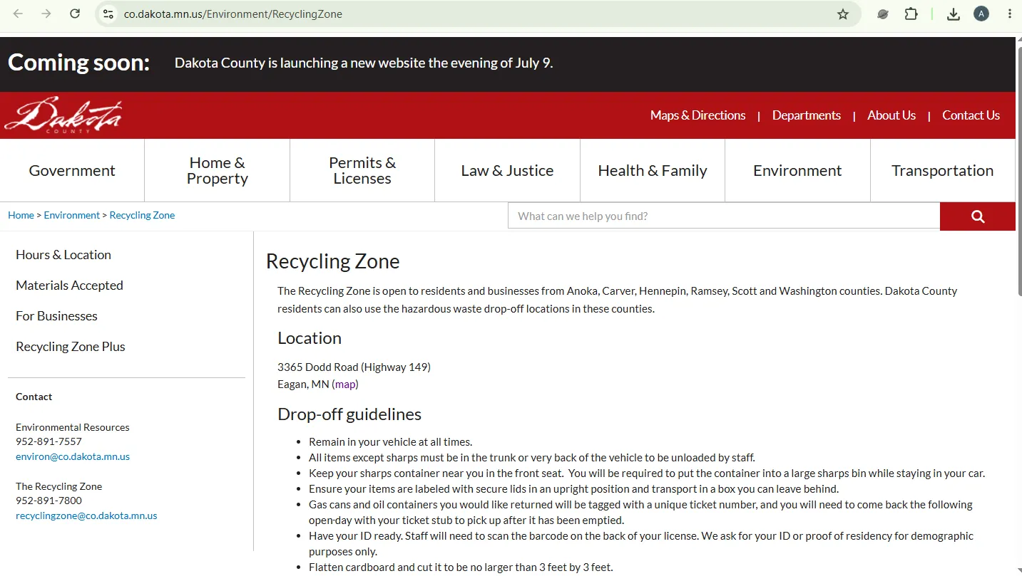 Official Dakota County Recycling Zone hours and holiday closure page for Eagan recycling center