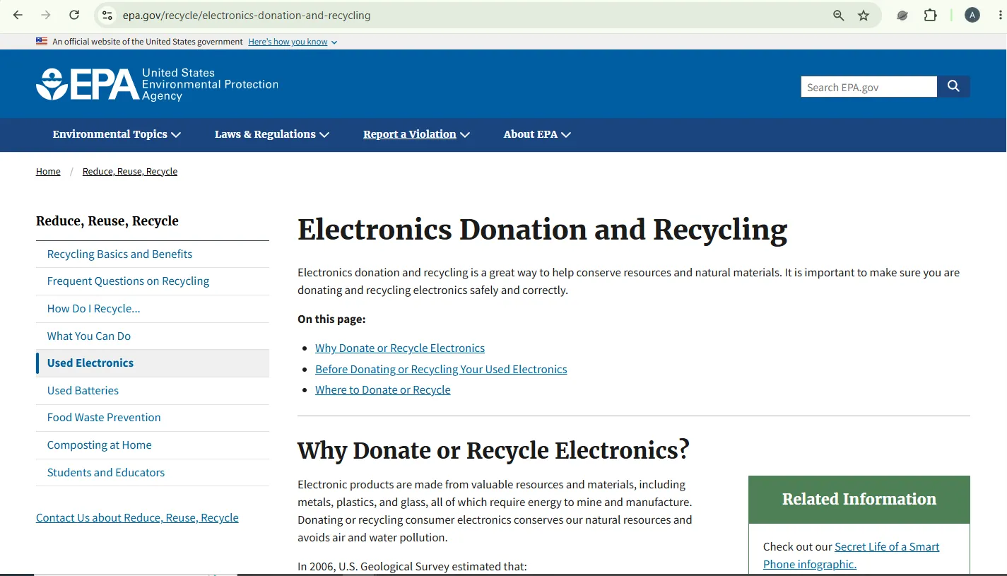 EPA electronics donation and recycling page showing official guidance for recycling used electronics safely