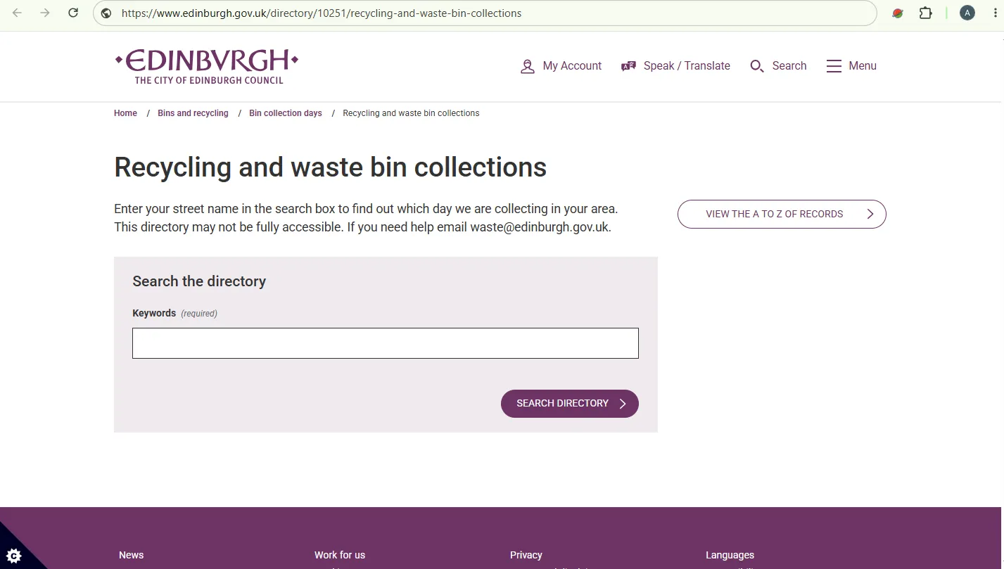Screenshot guide showing the official City of Edinburgh Council bin collection days finder page