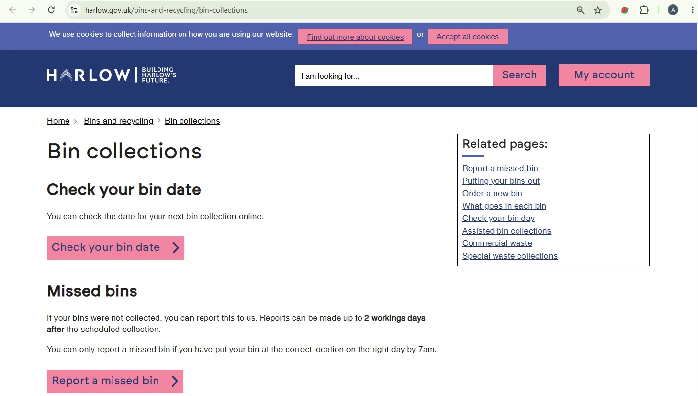 Screenshot guide for checking Harlow Council bin collection dates by postcode or street