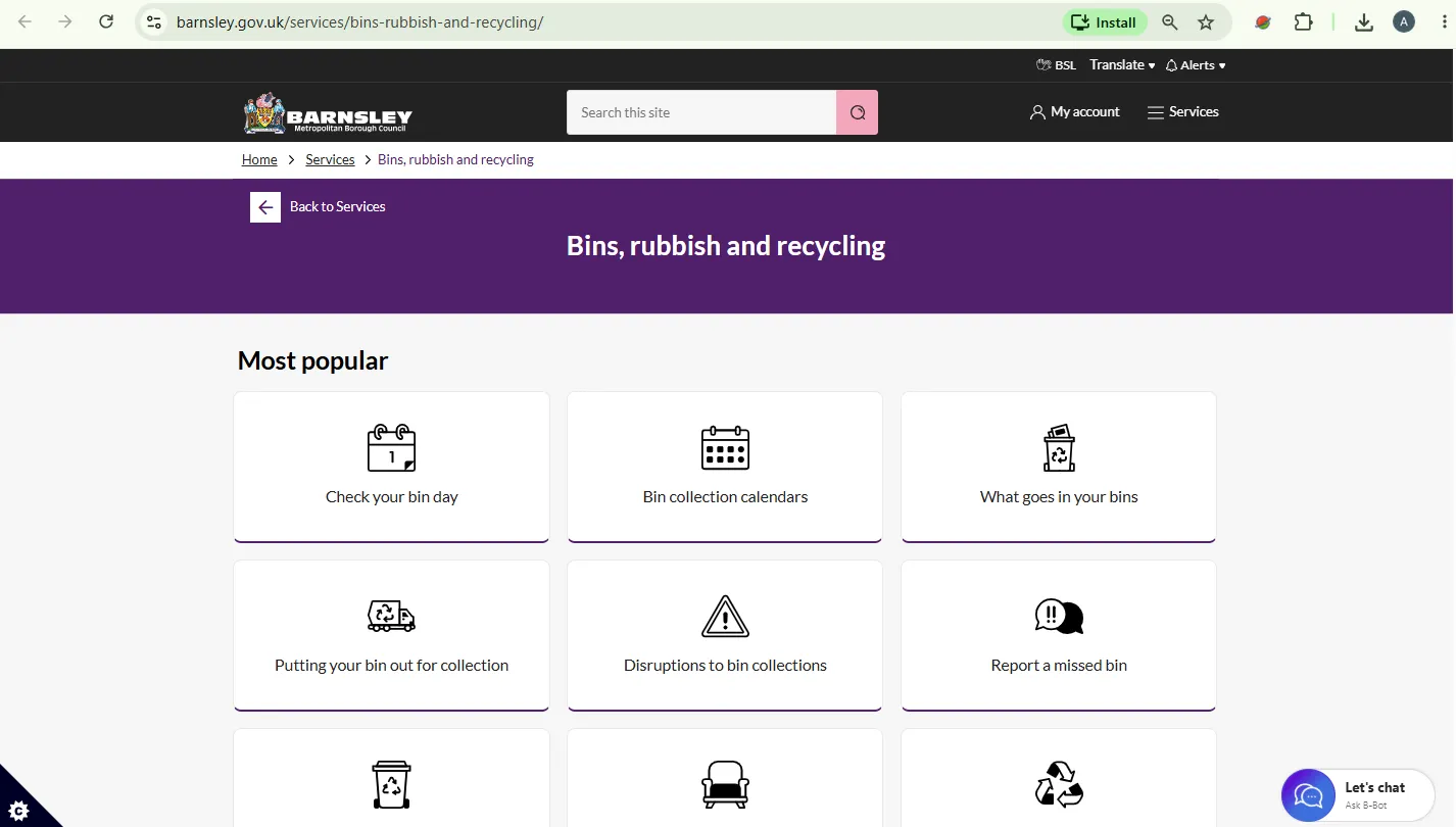 Screenshot guide showing the official Barnsley Council check my bin day page