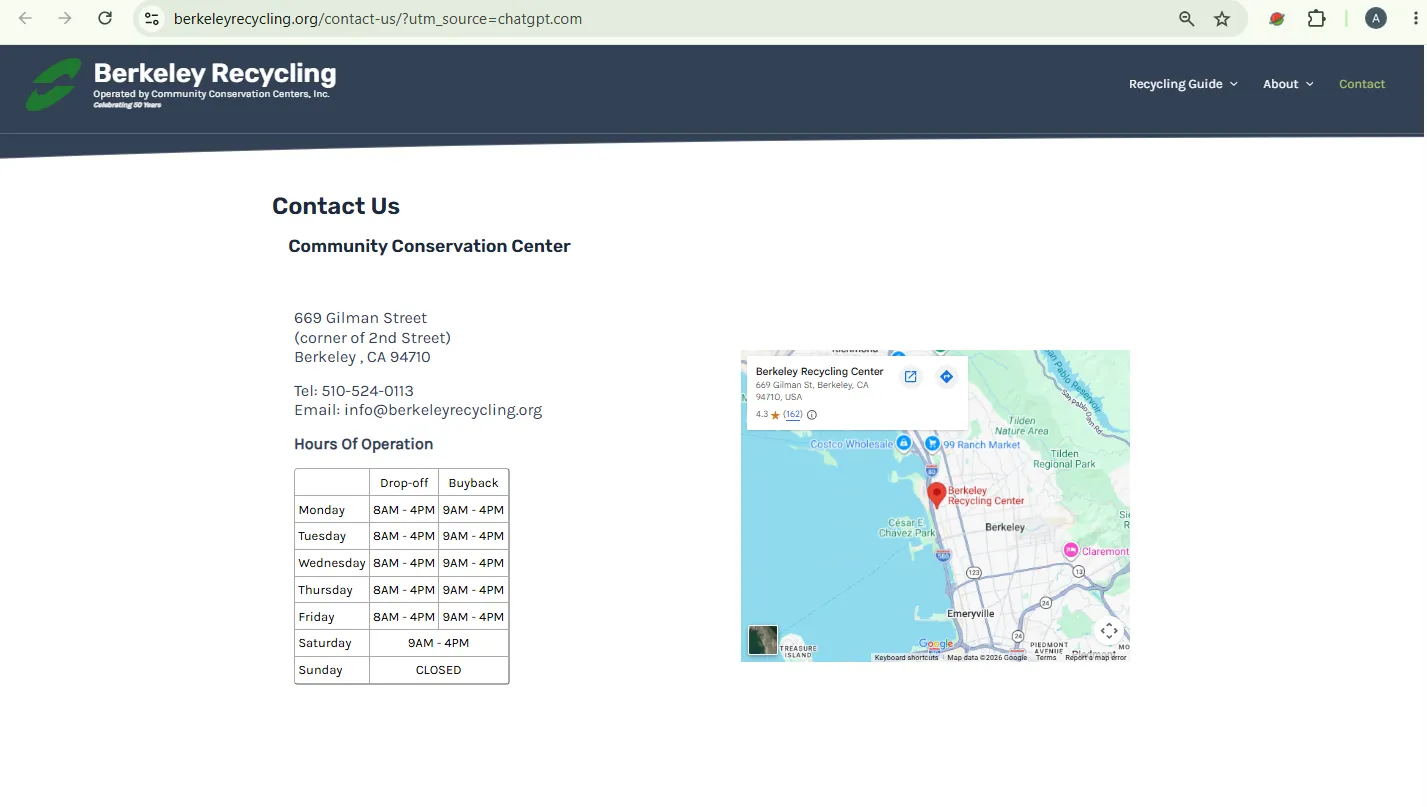 Official Berkeley Recycling hours page showing drop-off and buyback schedule for Berkeley Recycling Center