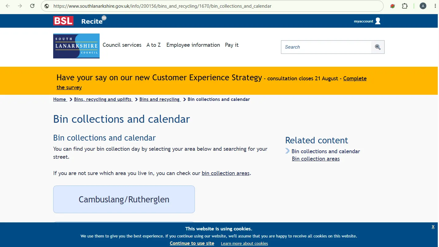 Screenshot guide showing the official South Lanarkshire Council bin collections and calendar page