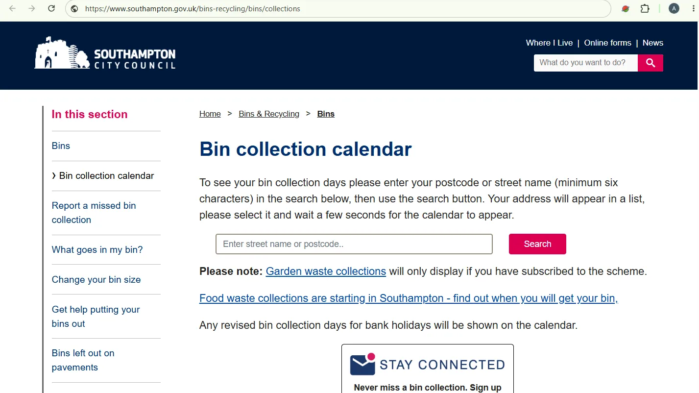 Screenshot guide showing the official Southampton City Council bin collection calendar postcode search page