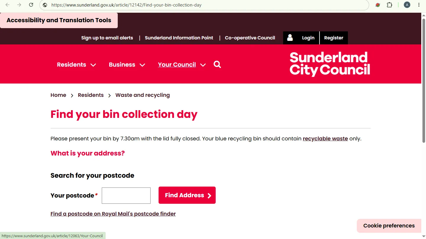 Screenshot guide showing the official Sunderland City Council bin collection day checker page