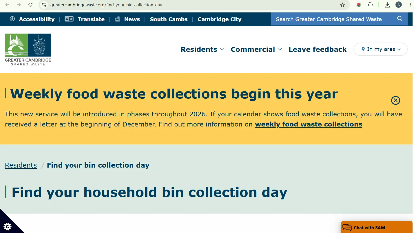Screenshot guide showing the official Greater Cambridge bin collection day finder for Cambridge and South Cambridgeshire